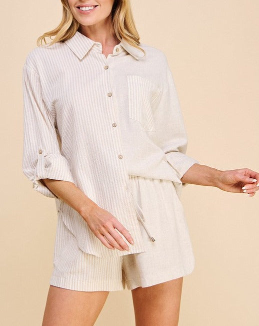 Colorblock Linen Button Up in Natural