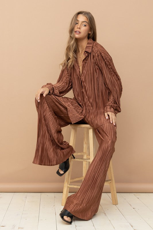 Pleated Blouse Set BROWN