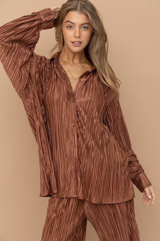 Pleated Blouse Set BROWN
