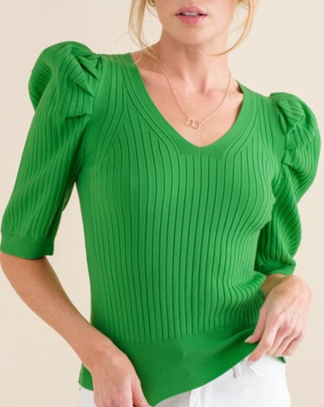 Puffed Sleeve Ribbed Top KELLY GREEN