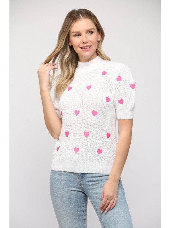 Heart Embroidered Knit Top-C