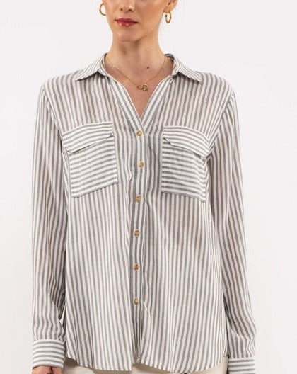 Striped Button Up Blouse-BROWN