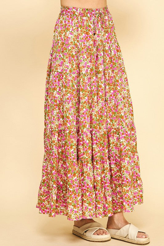 Floral Print Tiered Maxi Skirt Pink/Rust