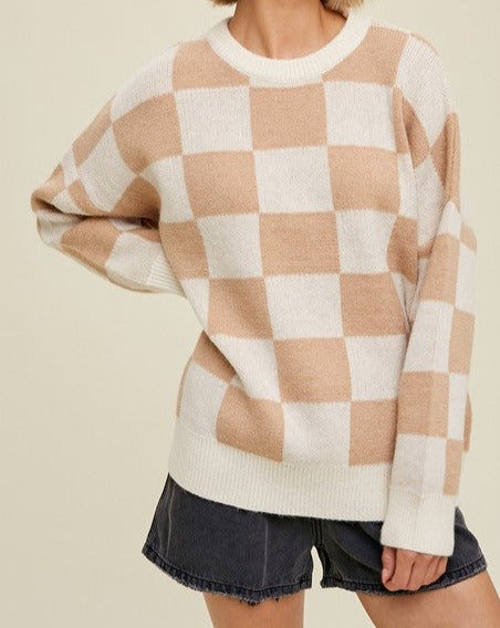 CheckerBoard Oversize Sweater Taupe/Cream