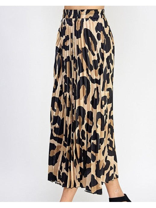 Leopard Print Pleated Midi Skirt