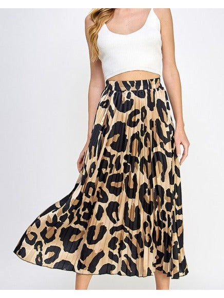 Leopard Print Pleated Midi Skirt