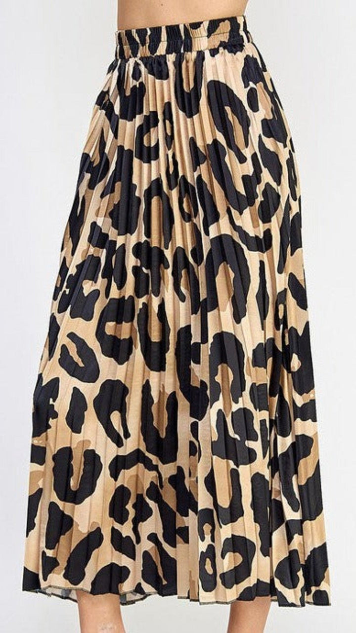 Leopard Print Pleated Midi Skirt