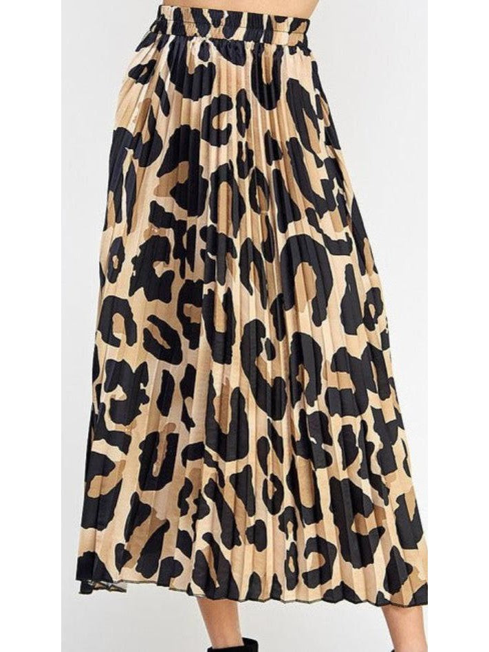 Leopard Print Pleated Midi Skirt