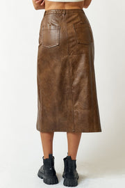 Faux Leather Side Slit Midi Skirt
