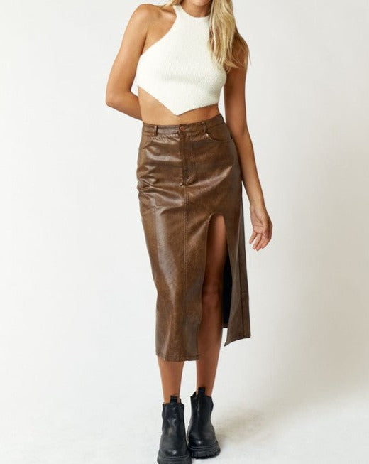 Faux Leather Side Slit Midi Skirt