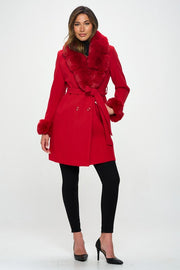 Fur Trim Red Wool Coat