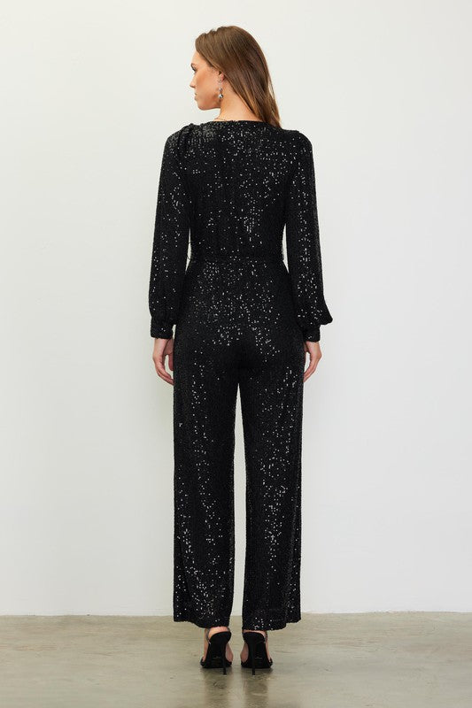 Sequin Wrap Tie Jumpsuit Black