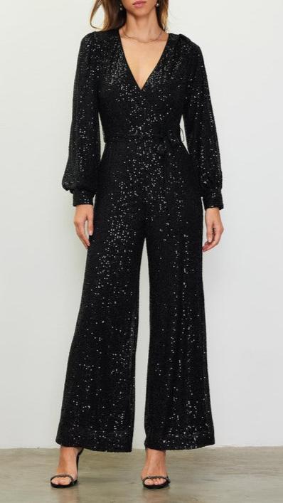 Sequin Wrap Tie Jumpsuit Black