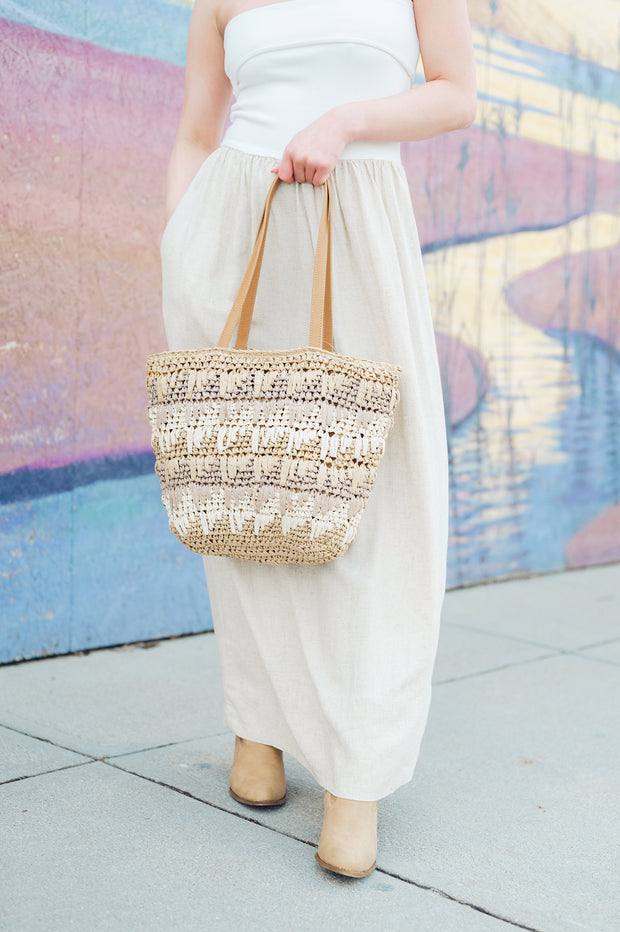 Linen Ribbed Strapless Maxi in White/Oat