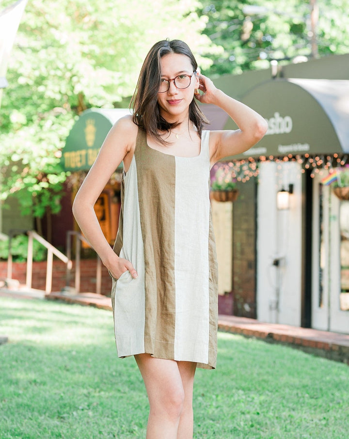 100% Linen Mini Dress OLIVE/OAT