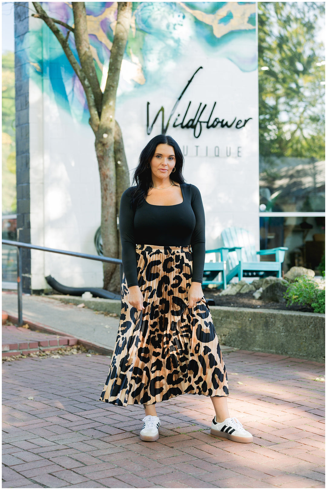 Leopard Print Pleated Midi Skirt