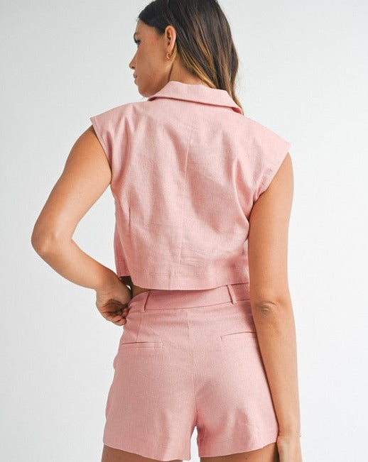 Linen Cropped Vest Top-Pink