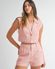 Linen Cropped Vest Top-Pink
