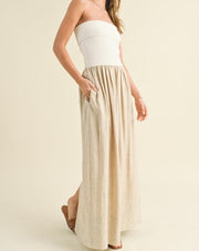 Linen Ribbed Strapless Maxi in White/Oat