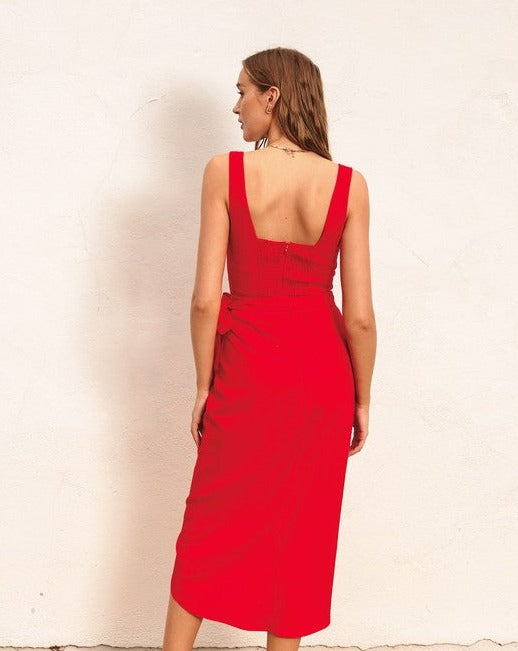 Red Tulip Hem Midi Wrap Dress