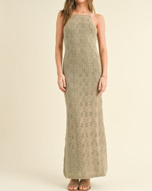 Crochet Knit Maxi Dress in Olive