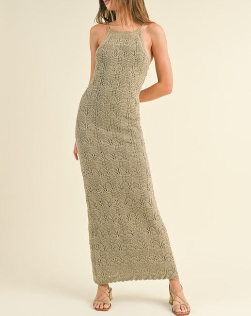 Crochet Knit Maxi Dress in Olive