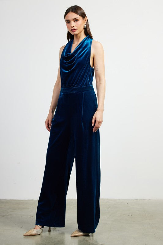 Velvet Cowl Neck Jumpsuit Teal