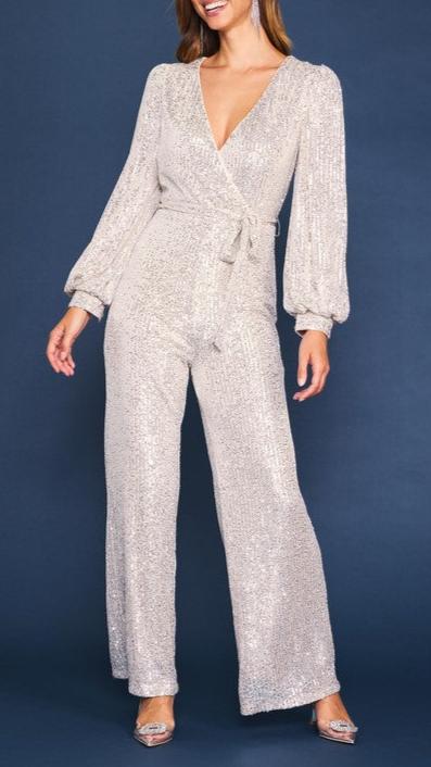 Sequin Wrap Tie Jumpsuit Champagne