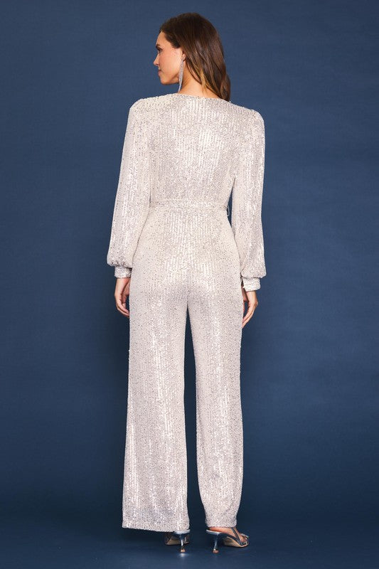 Sequin Wrap Tie Jumpsuit Champagne