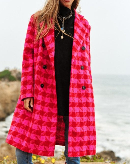 Knit Tweed Coat in PINK-RED