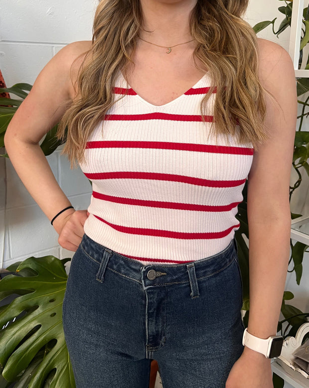 Striped Rib Tank in Red/Wh
