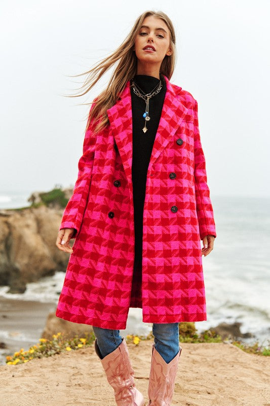 Knit Tweed Coat in PINK-RED