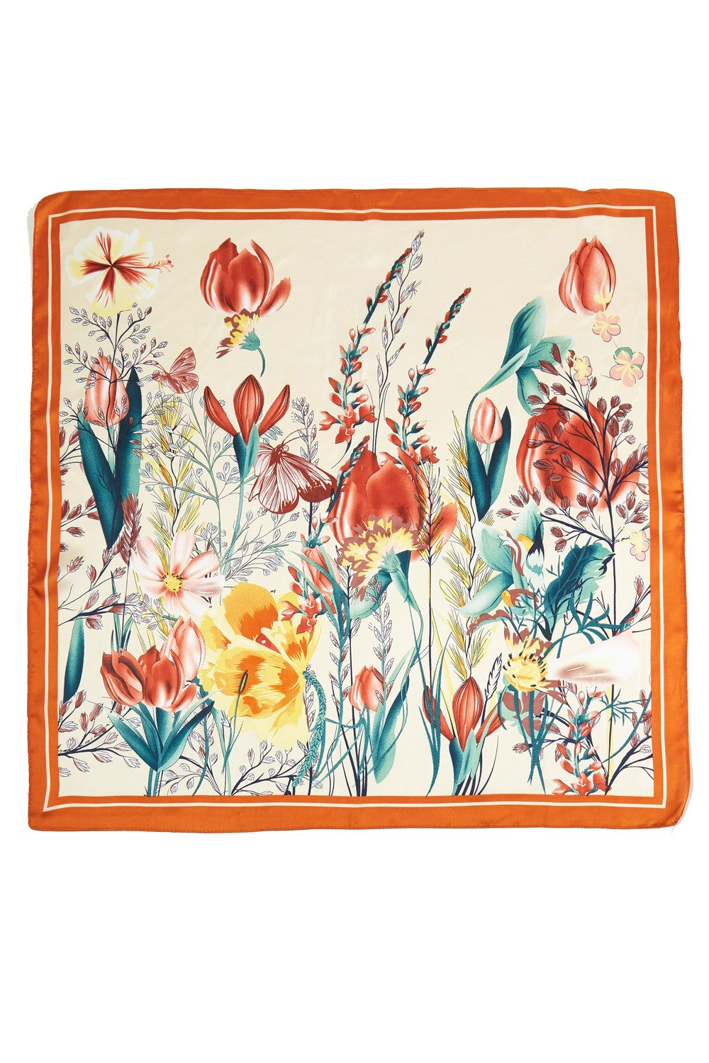 Floral patterned scarf with vibrant colors on a white background