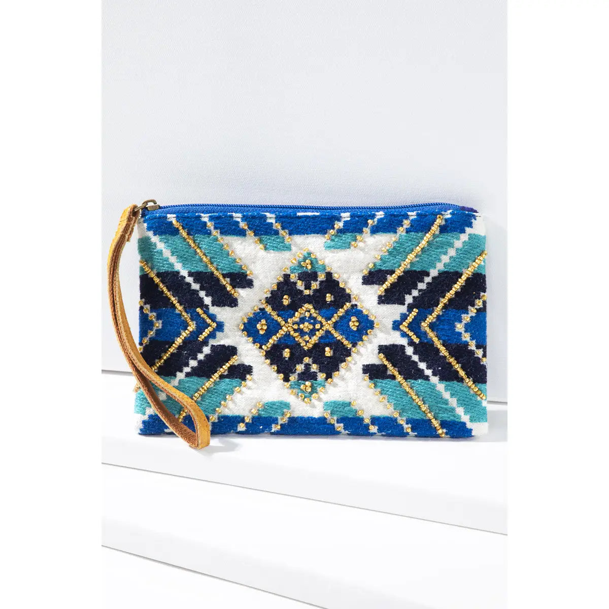 Handmade fine cotton yarn dye jacquard ethnic diamond shape pattern with beads leather wristlet clutch