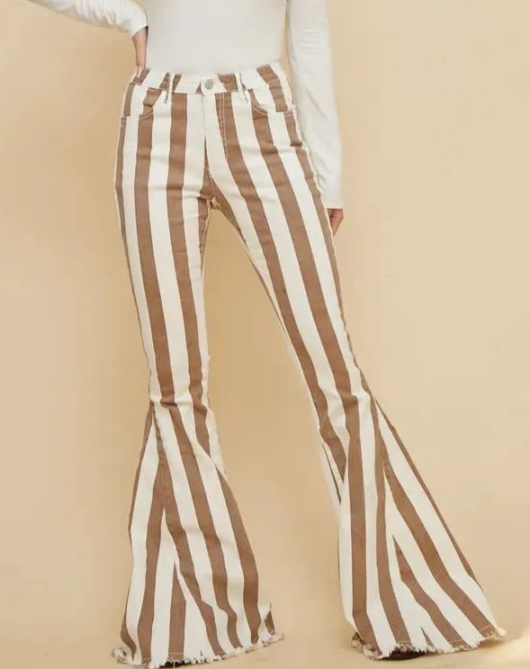 Ivory Taupe Striped Bell Bottoms