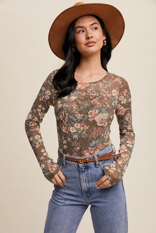 Floral Mesh Top Olive