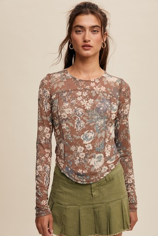 Floral Mesh Top Brown