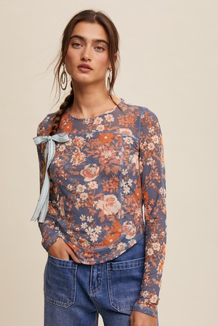 Floral Mesh Top Denim