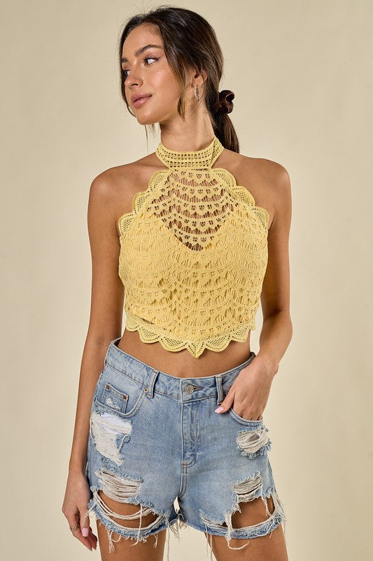 Scalloped Lace Halter Top YELLOW