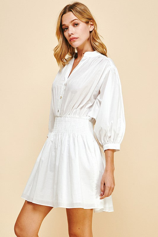 Collar Smocked Mini Dress in White